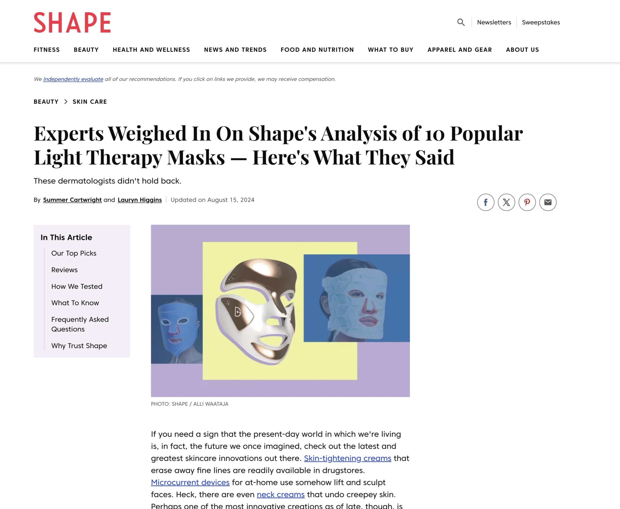 Article: Experts Weighed In On Shape’s Analysis of 10 Popular Light Therapy Masks — Here’s What They Said